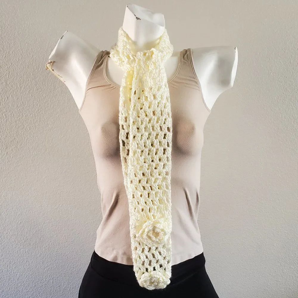 BOGO Scarf Sale - Hand Crafted cream with flowers crochet scarf